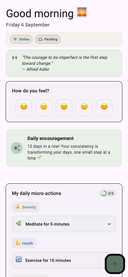 Adlair home screen: today's mood, encouragement and micro-actions