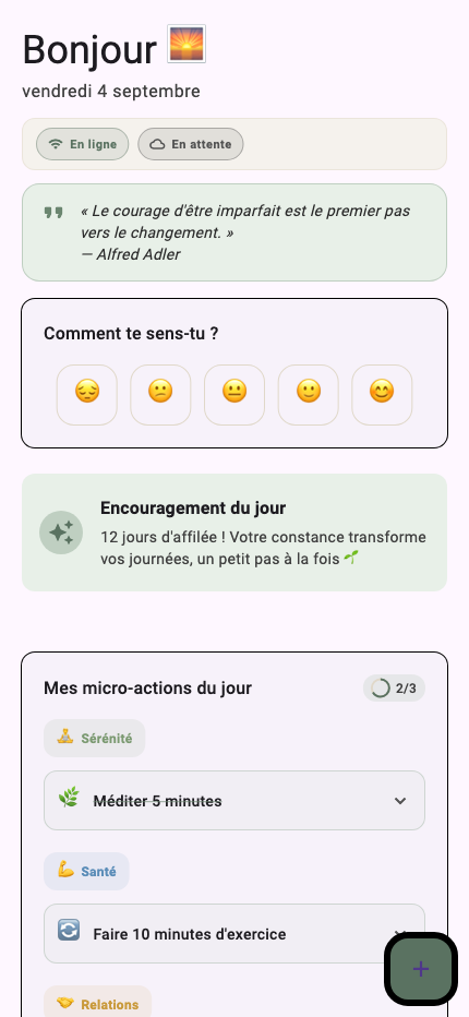 Écran d'accueil d'Adlair : humeur du jour, encouragement et micro-actions